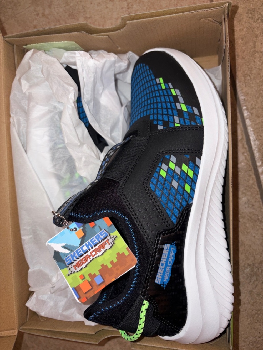 Skechers Black, Blue & Neon Green Kids Slip-On Sneakers